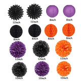 Halloween Party Decoration Kit: Black, Orange & Purple Paper Lanterns, Pom Poms