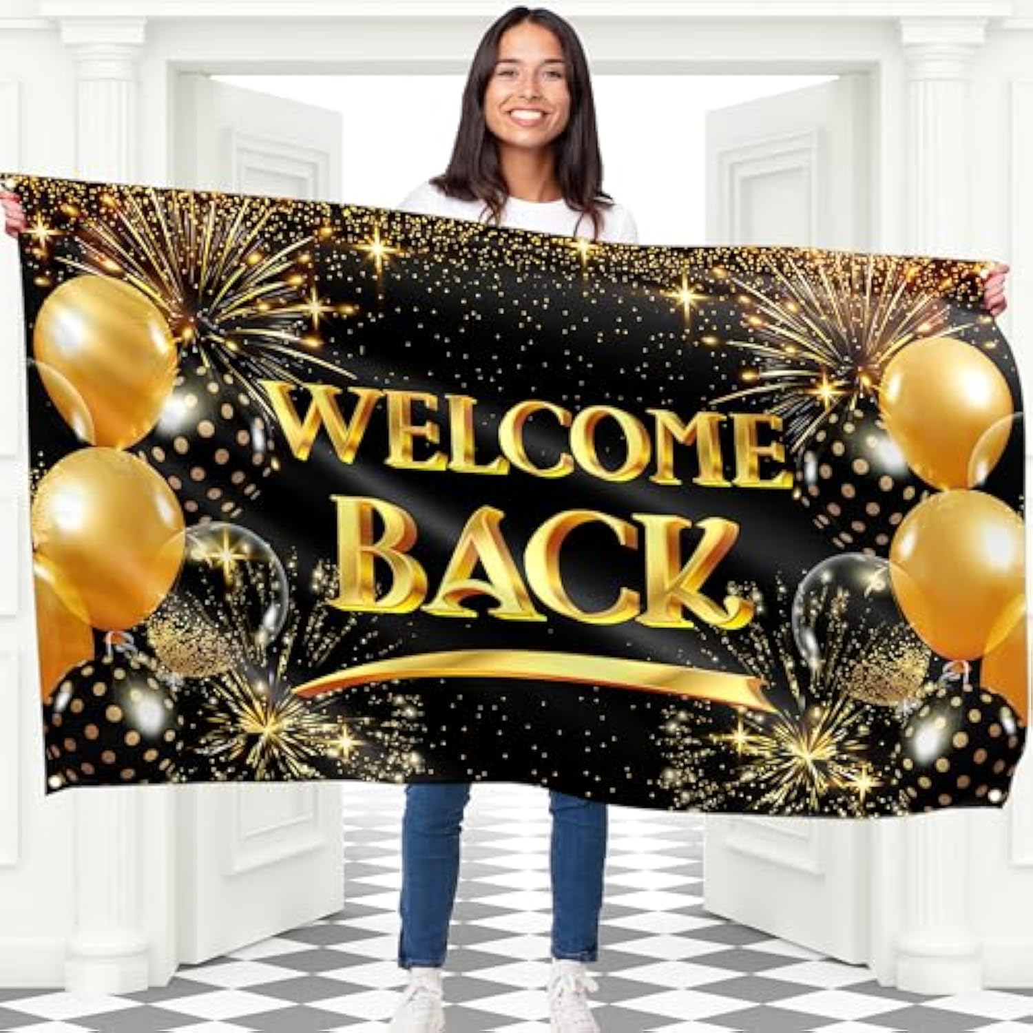 Welcome Back Banner - 5X3 Ft, Black & Gold - Homecoming, Reunion, Baby Shower Decorations, Double Stitched Polyester, Outdoor/Indoor Use