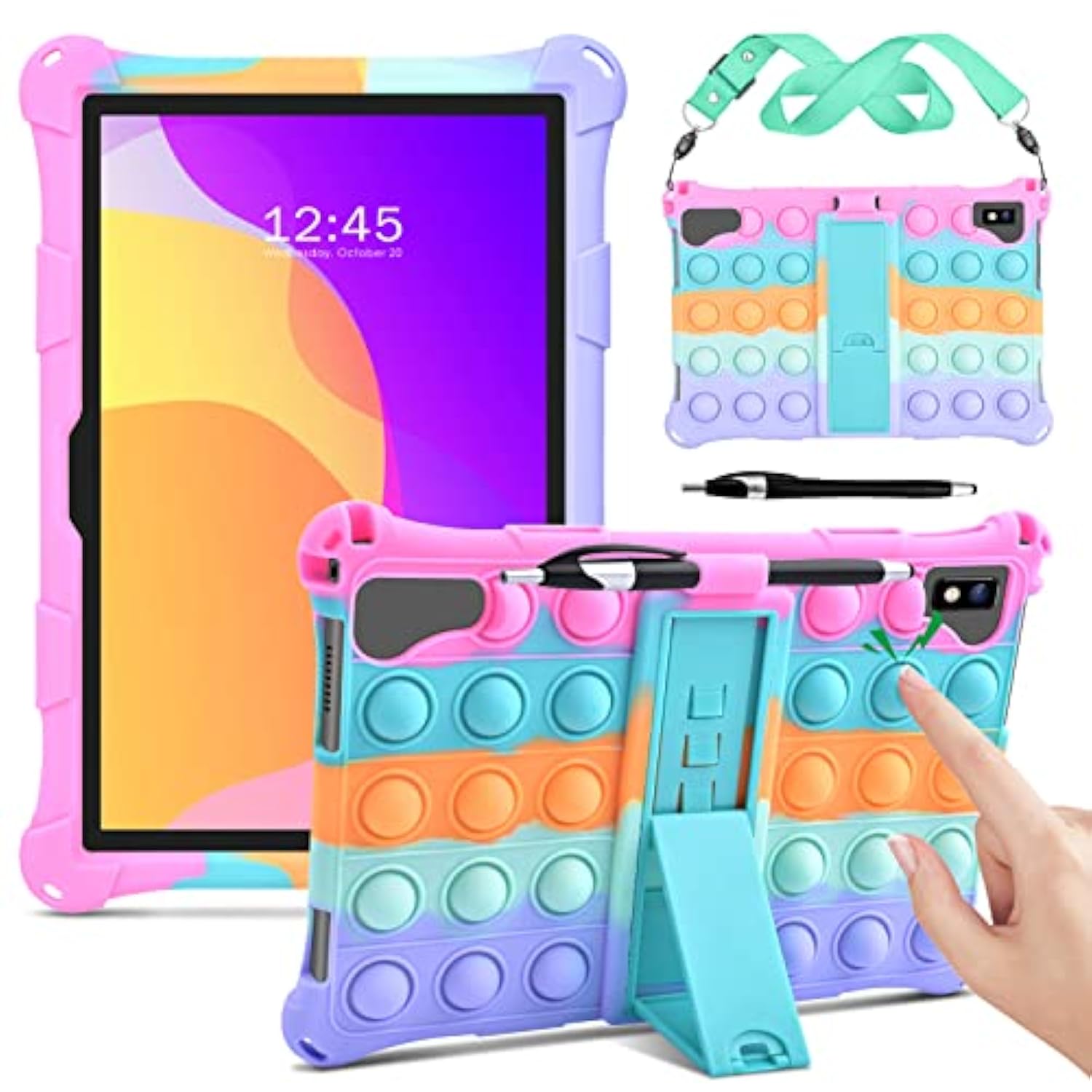 Silicone Case For Vastking Kingpad K10 Pro Tablet, With Stylus Pen And Shoulder Strap, Soft Multiangle Protective Cover For Byybuo 10.1 Inch Tablet With Pen Holder, Dazzling Pink
