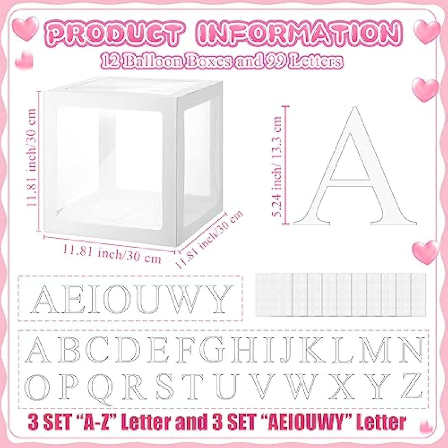 12 Pcs Transparent Balloon Boxes Clear Balloon Boxes With 99 Letters For Baby Shower Gender Reveal Grad Birthday Party Bridal Wedding Anniversary Backdrop Decoration (White)