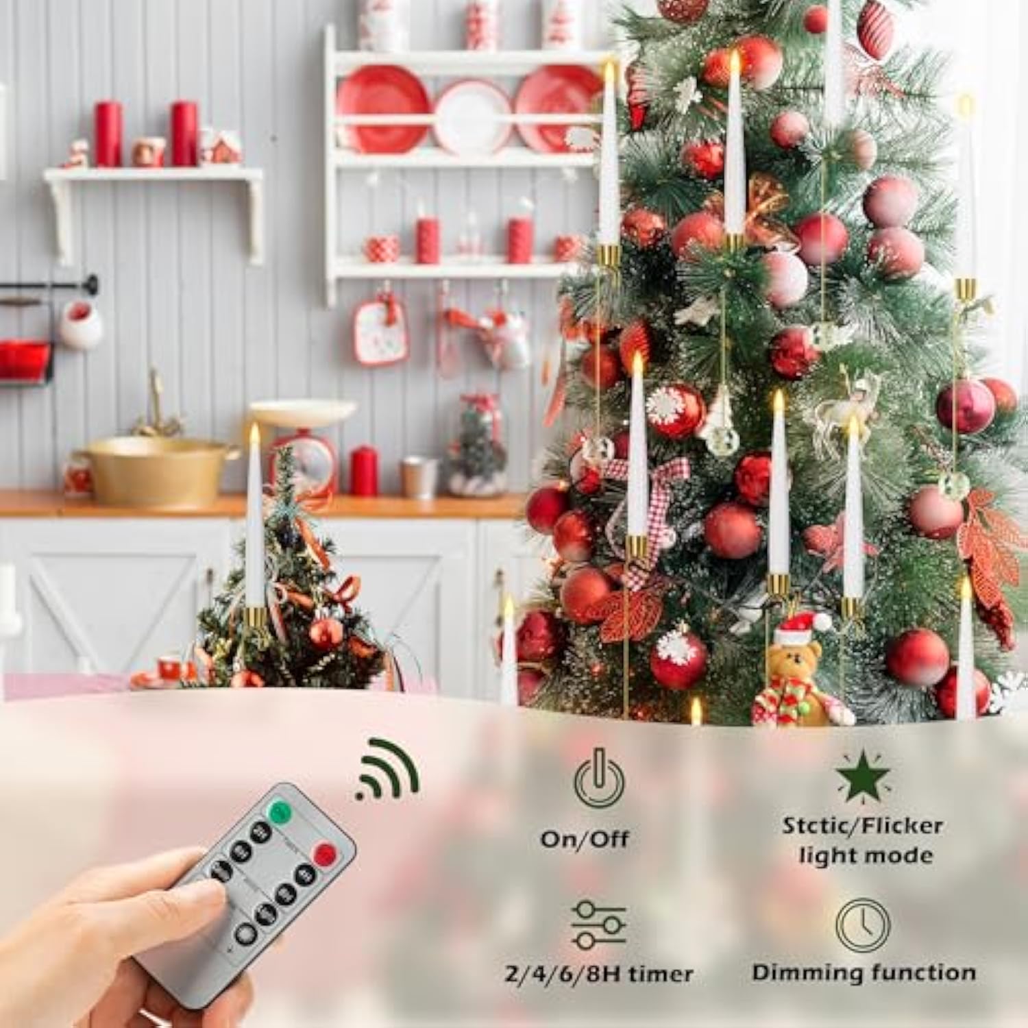 Christmas Tree Candles With Remote, 12 Pack Battery Operated Christmas Candles, Led Candlesticks For Xmas Tree Decoration, Flickering Flameless Candle For Home, Party Decor With Crystal Ball Hooks