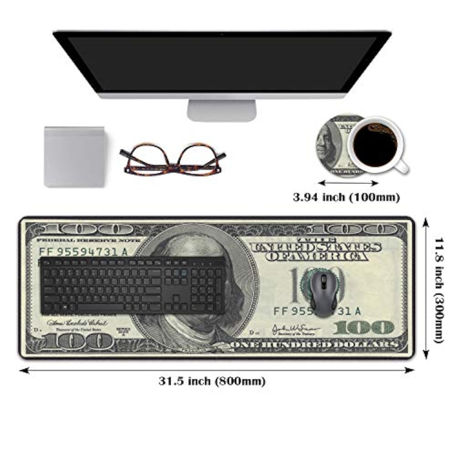 Desk Pad Mat Gaming Mouse Pads With Coasters, 31.5" ×11.8" Large Xxl Non-Slip Rubber Base Mousepad With Stitched Edges For Work & Gaming, Office & Home (100 Dollar Bill)