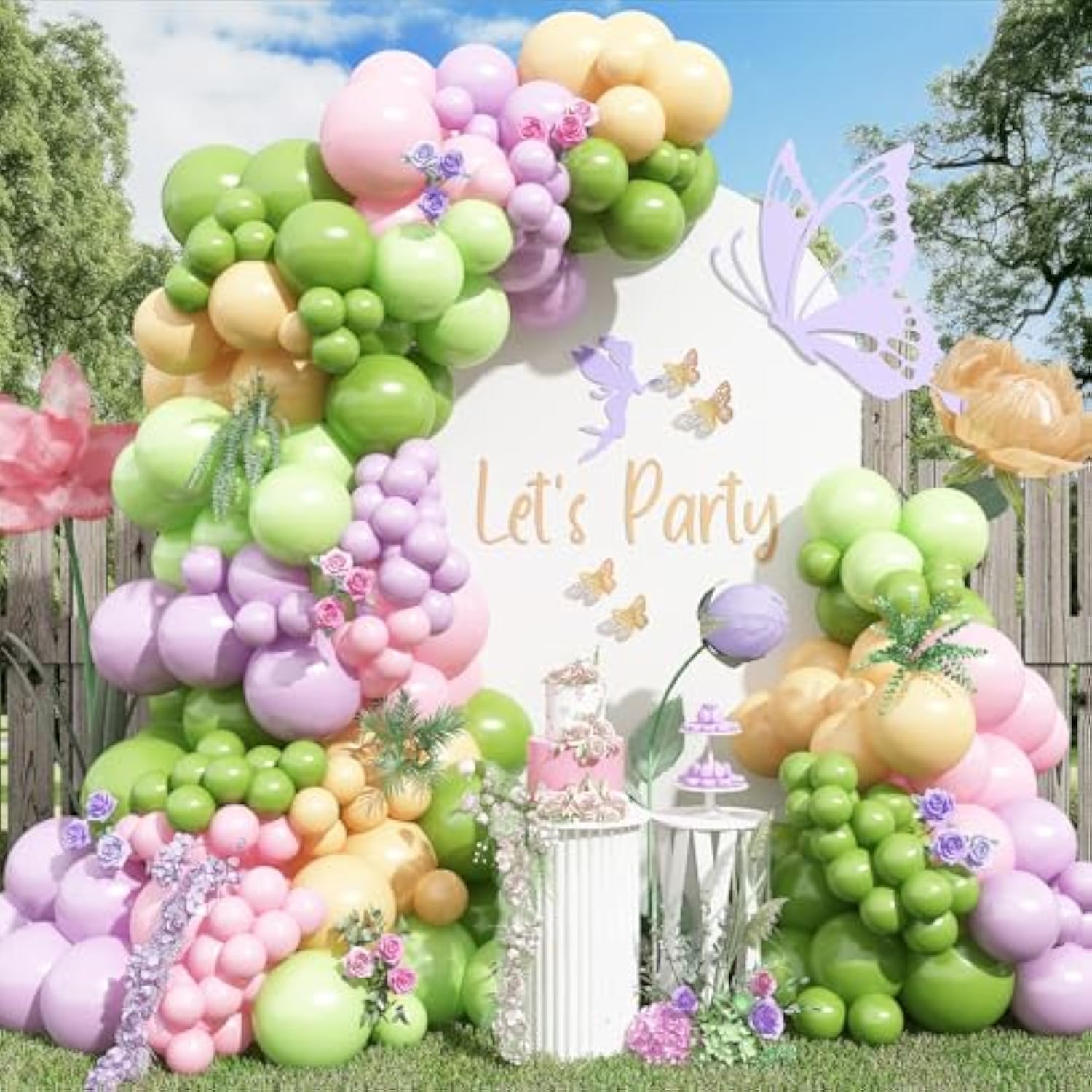 Fairy Balloon Arch Kit 147Pcs Spring Pastel Pink Purple Olive Lime Green Orange Nude Balloons Garland Wildflowers Meadows Floral Birthday Party Decorations For Girls Garden Tea Bridal Baby Shower