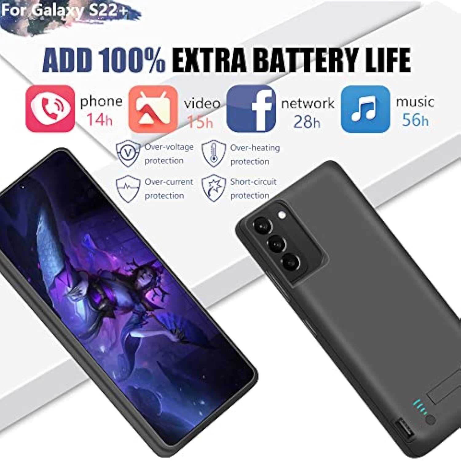 Battery Case For Samsung Galaxy S22+ / S22 Plus, 5000Mah Rechargeable Extended Battery Charging Charger Case, Add 100% Extra Juice (6.6 Inches) Black