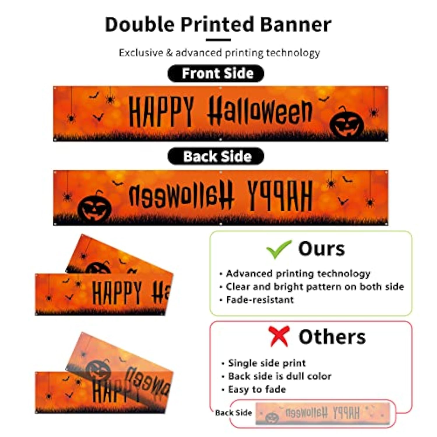 Halloween Banner 120x20in Yard Sign Backdrop with Bats Pumpkins Spiders Outdoor Indoor Decor