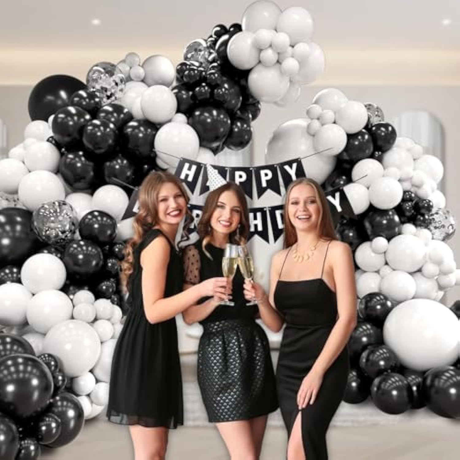 Black And White Balloon Arch Kit, Black And White Balloons With Silver Confetti Balloons For Birthday Graduation Engagement Baby Shower Party Decorations