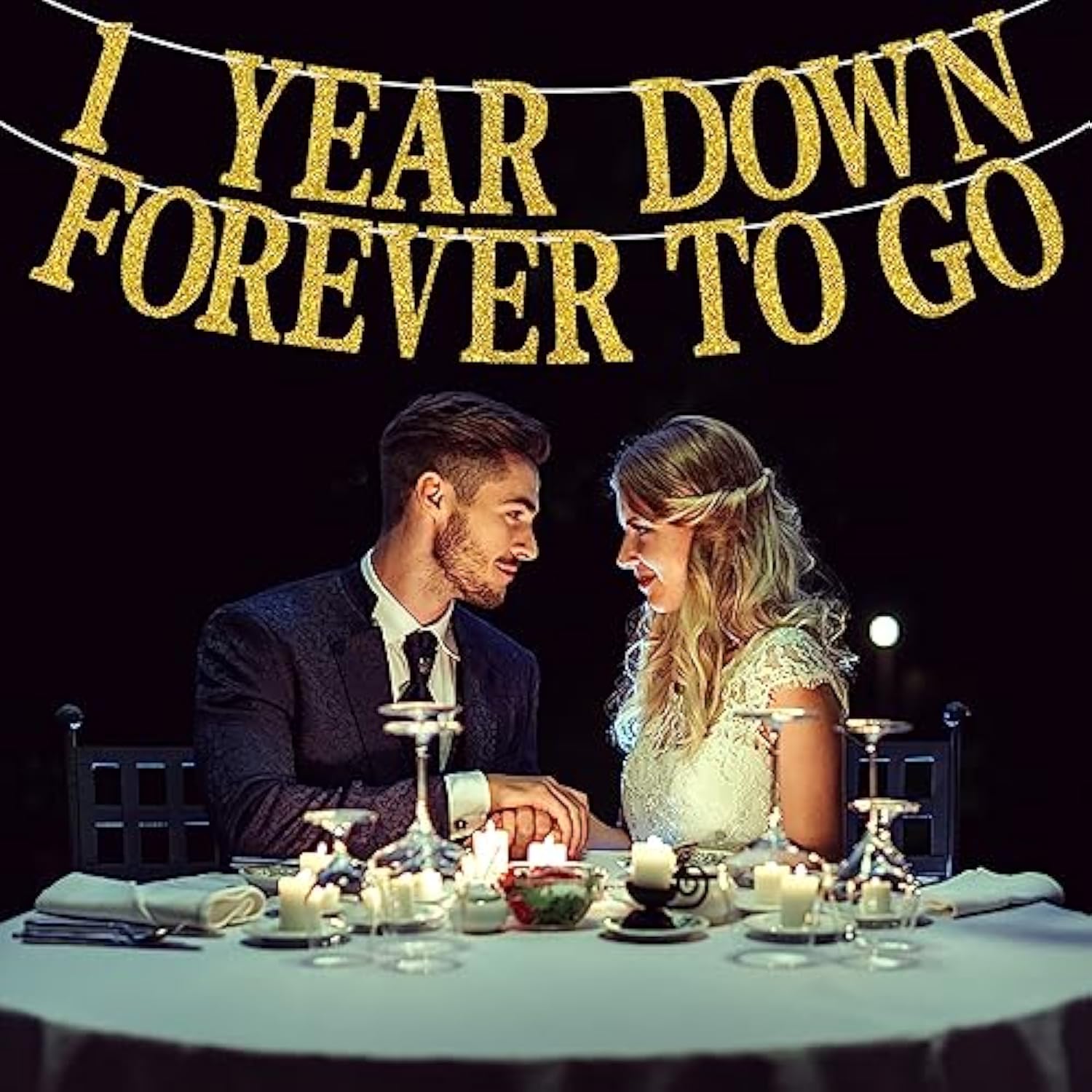 1 Year Down Forever To Go Banner, 1 Year Of Marriage Gift, Happy 1St Wedding Anniversary Party Decoration Supplies, Gold Glitter