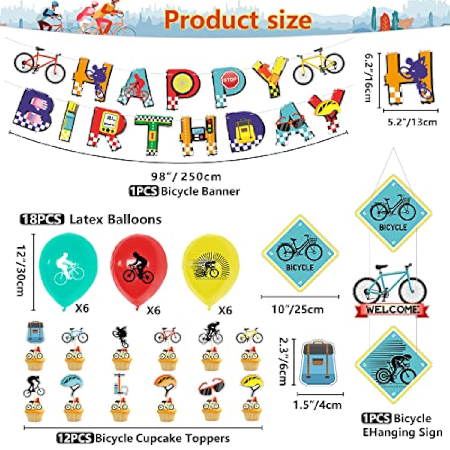 Bike Birthday Party Decorations Banner Cake Toppers Balloons for Kids