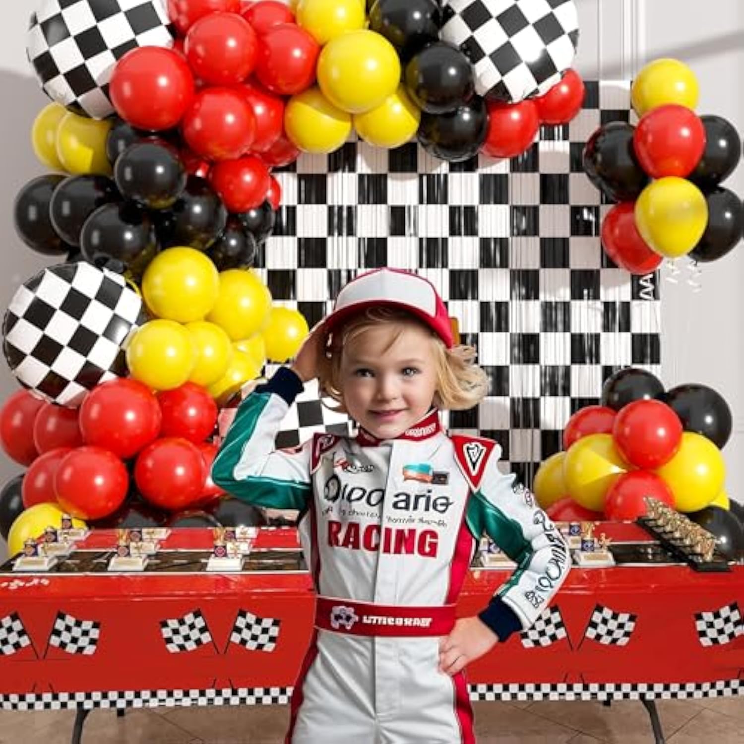 Race Car Balloon Garland Arch Kit With 2 Checkered Foil Fringe Curtains - Cars Wheels Balloons In 18 12 10 Inch Sizes For Two Fast Racing Cars Birthday Party Decorations Supplies