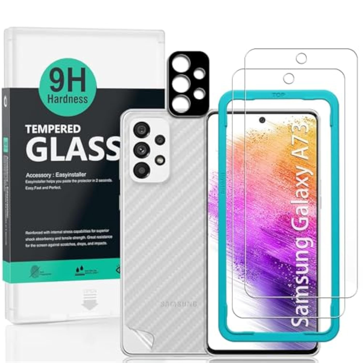 Screen Protector For Samsung Galaxy A73 5G(6.7 Inches),With 2Pcs Tempered Glass,1Pc Camera Lens Protector,1Pc Backing Carbon Fiber Film[Fingerprint Reader,Easy To Install]