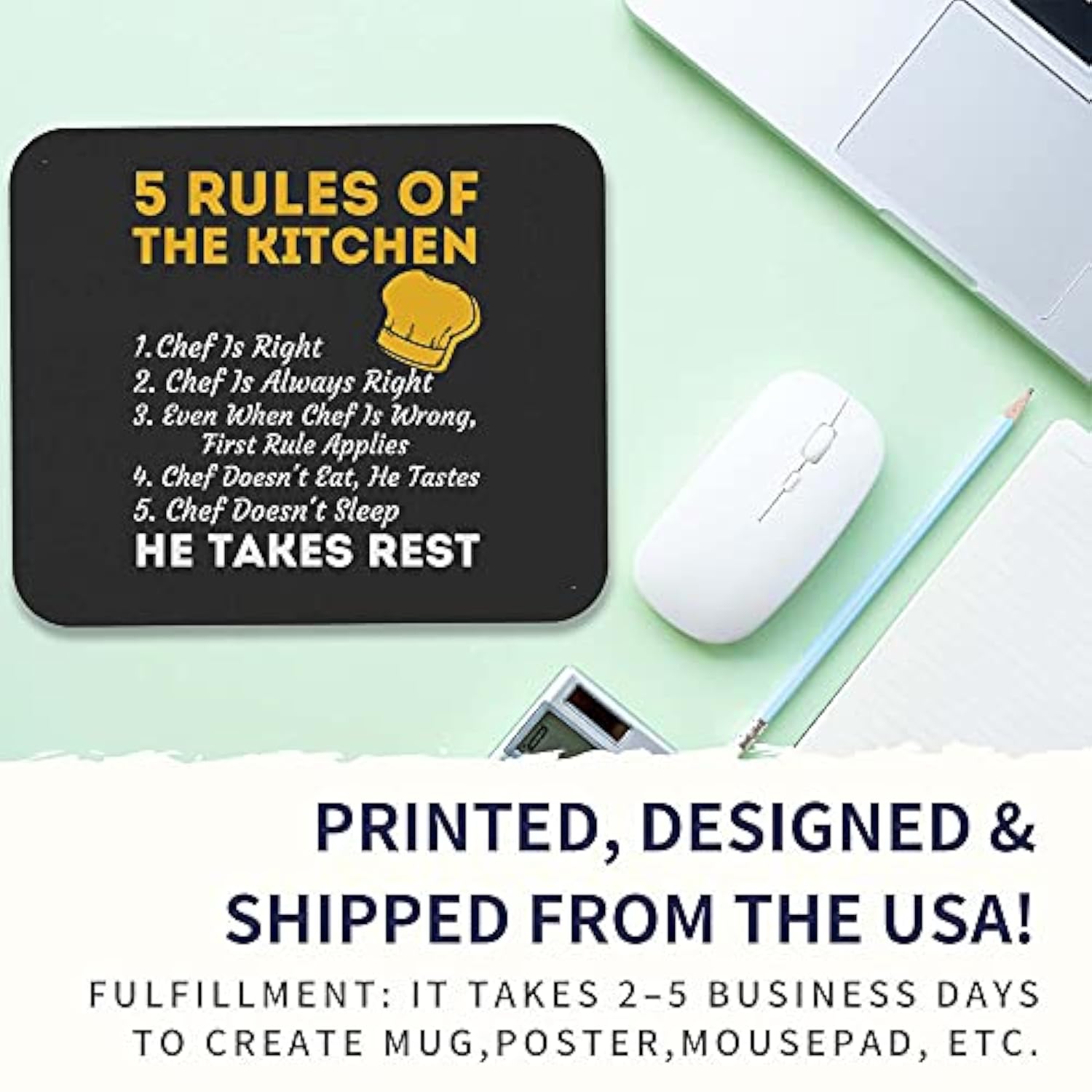 Chef Cook 9 Inch Mousepad Mousepad - Chefs 5 Rules Of Kitchen Funny Chef Rules Office Mousemat Mouse Mat Gift