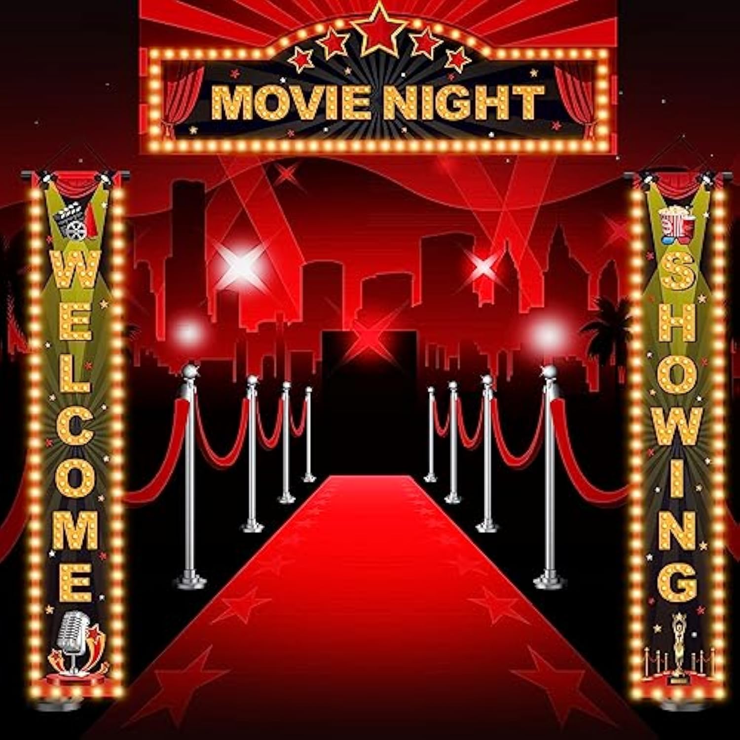 3 Pieces Light Movie Night Porch Sign Banner Led Movie Theme Party Decorations Theater Welcome Now Showing Lights Camera Action Hanging Porch Sign For Home Film Backdrop Party Supplies