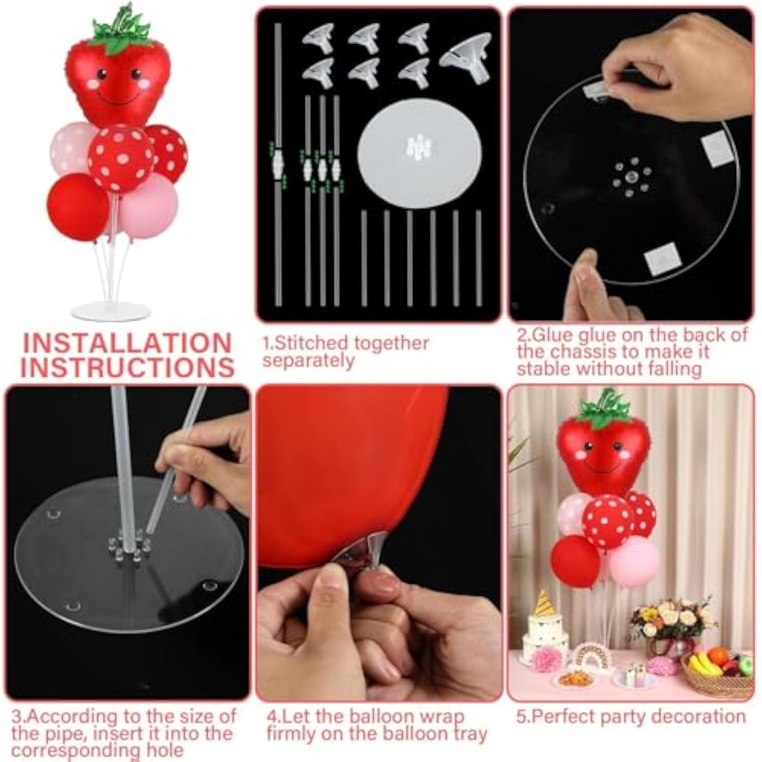 Strawberry Party Balloons Stand Kit 2 Sets With 2 Strawberries Foil Balloons Sweet Strawberry 1St Party Balloon Centerpieces For Tables For Girls Strawberries Birthday Themed Decorations