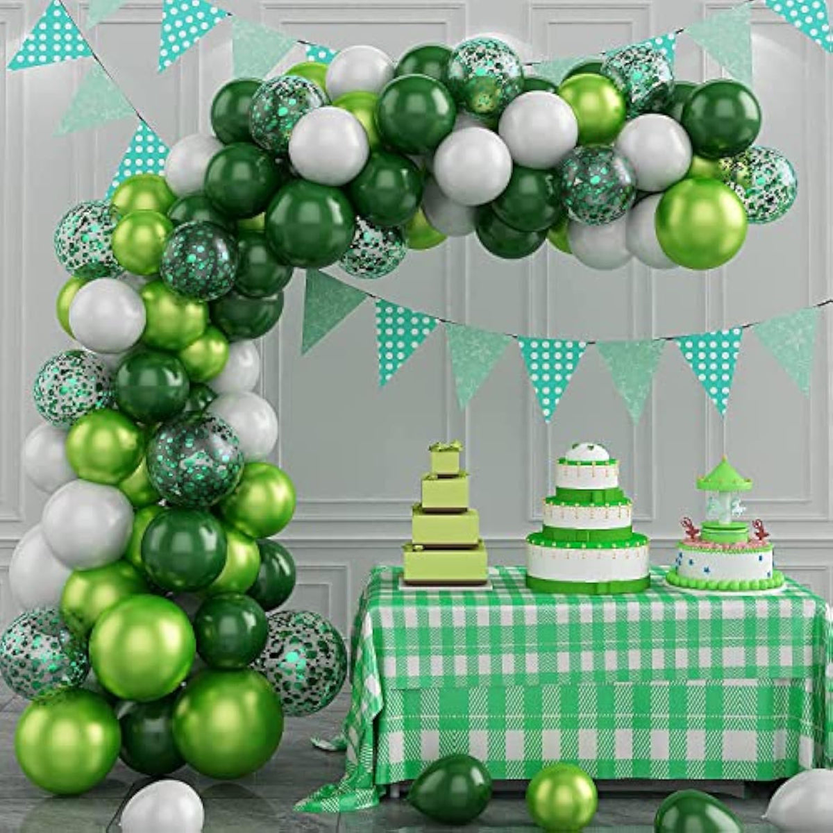 Balloon Garland Arch Kit Green, 107Pcs Green White Balloon Arch Kit Balloon Garland, Latex Balloons With Confetti Balloons For Birthday Decoration Wedding Baby Shower Decoration Jungle Party Supplies