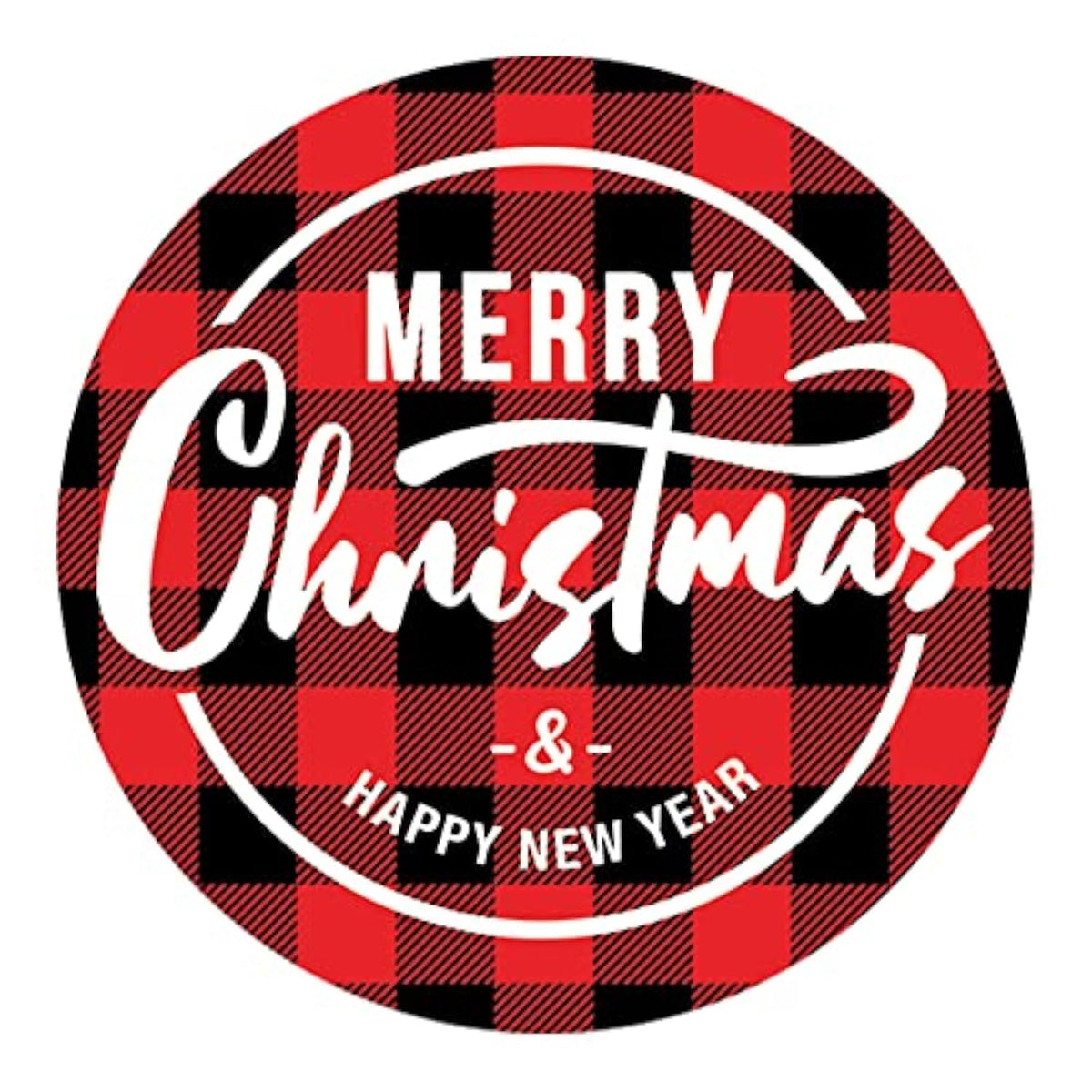 Christmas Card Envelope Stickers, Buffalo Plaid Merry Christmas And Happy New Year Round