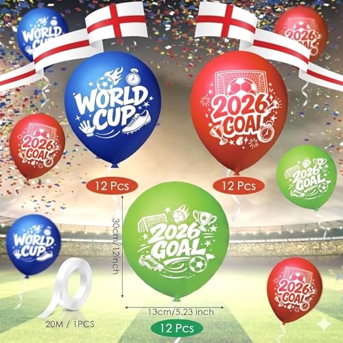 36 PCS World Cup Decorations Balloons 2026, 12 Inches Large World Cup Balloons for Soccer Games, Latex Red, Blue, Green with 1 Rolls Ribbons for Bar Party Supplies