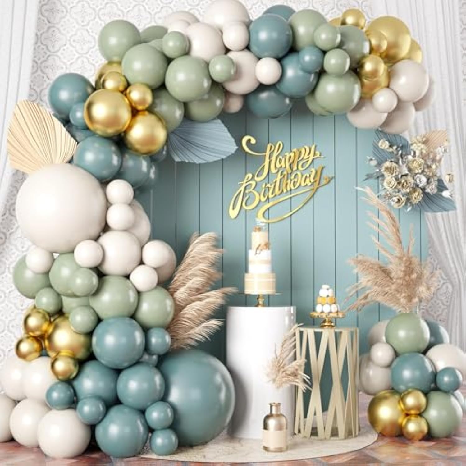 Dusty Sage Green Blue Gold Balloon Garland Kit, 107 Pcs Pastel Olive Green Slate Blue Beige Metallic Gold Balloon Arch Kit For Women Men Boho Birthday Wedding Baby Bridal Shower Party Decorations