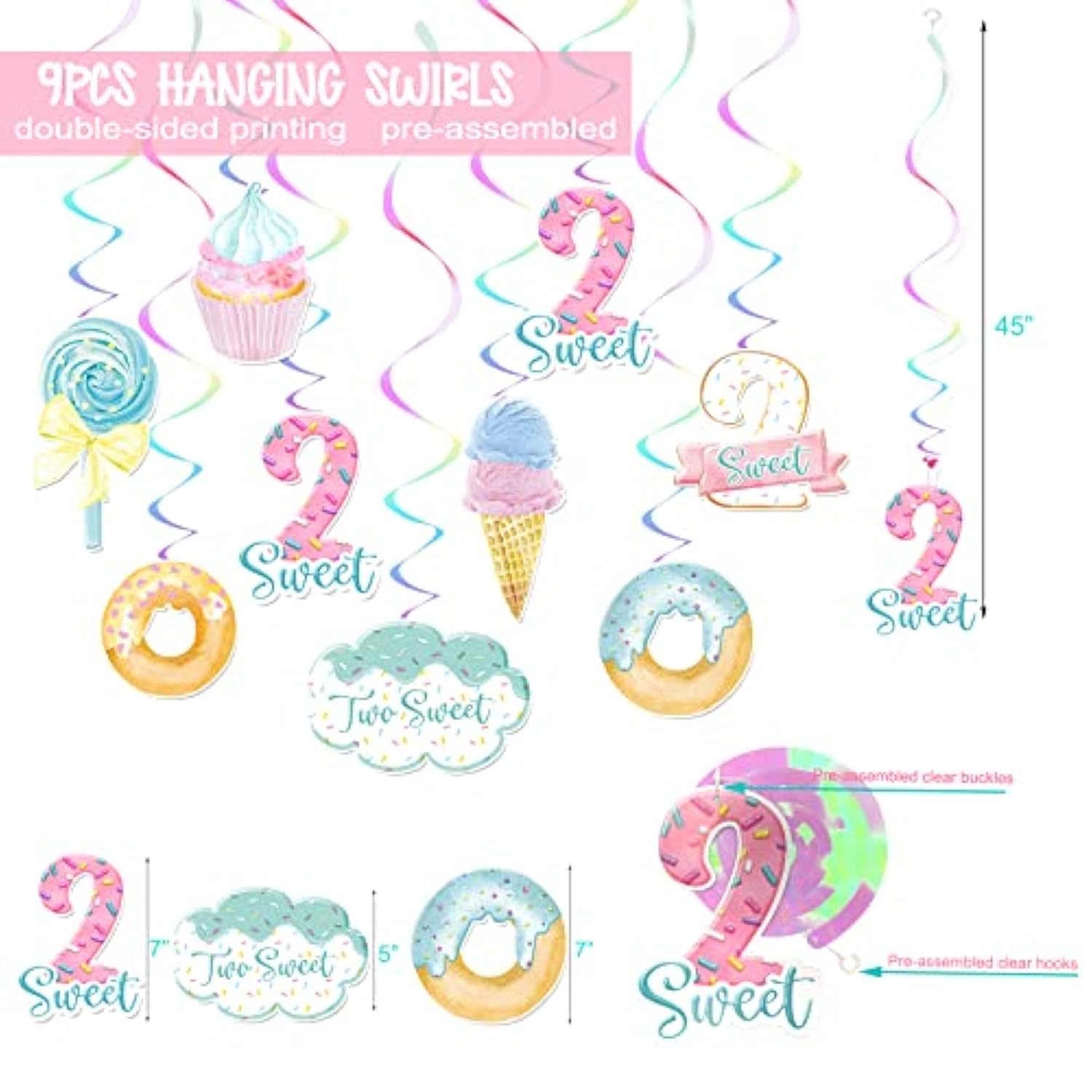 Two Sweet Birthday Party Decorations Donut Theme 2nd Birthday Girl Banner Cake Topper