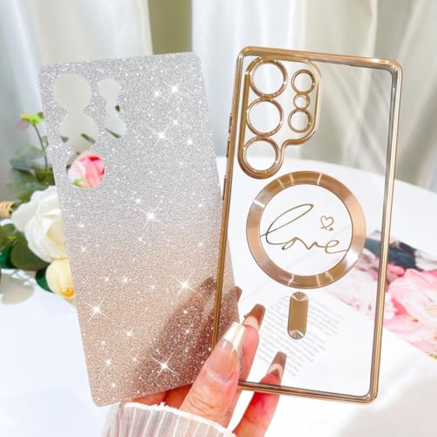 Designed For Samsung Galaxy S25 Ultra Case,Compatible With Magsafe Love Heart Plating Camera Protection Clear Glitter Magnetic For Women Girls Shockproof Phone Cover Bumper 6.9"-Gold