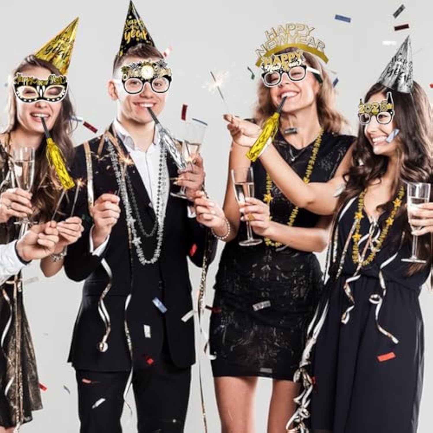 48-Piece New Year 2026 Party Favors Set with Hats, Glasses, and Noisemakers