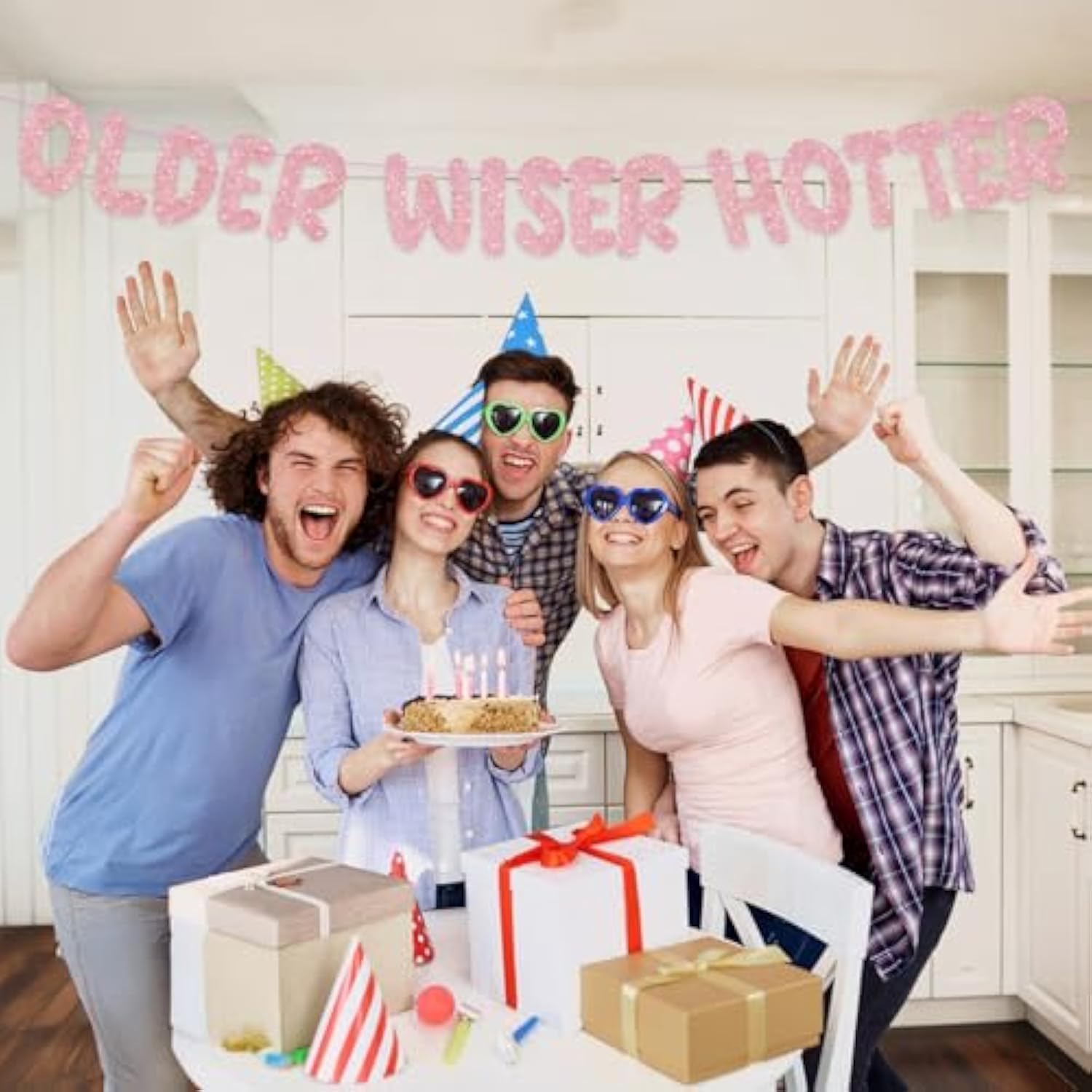 Pre-Strung Older Wiser Hotter Banner - No Diy Glitter Happy Birthday Banner Sign For Women Men 30Th 40Th 50Th 60Th 70Th 80Th Funny Birthday Decorations (Rose Gold)