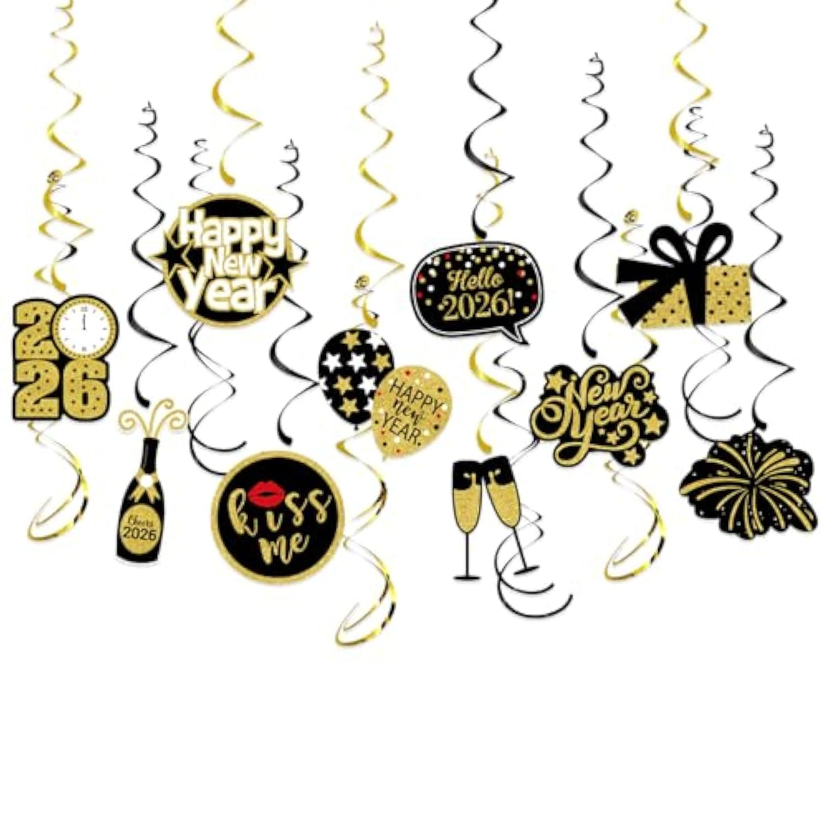 16pc Black Gold 2026 Swirl Streamers Banner New Year’s Eve Party Decor