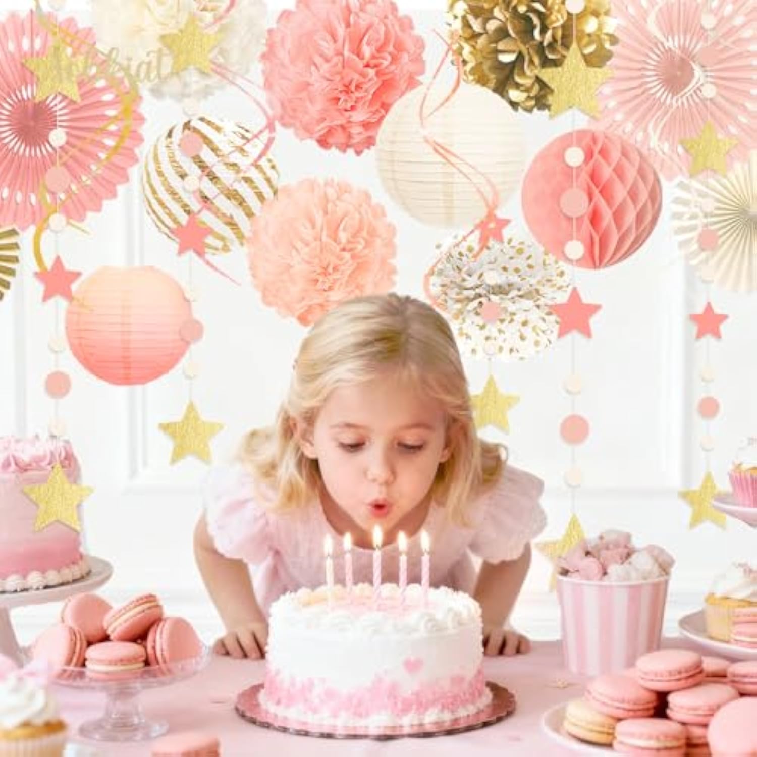 Pink Birthday Party Decorations Kit-Tissue Paper Pom Poms,Lanterns,Fans Flowers,Star Garlands,Streamers For Girls Women Birthday,Wedding,Bachelorette,Bridal Shower,Baby Shower,Princess Party