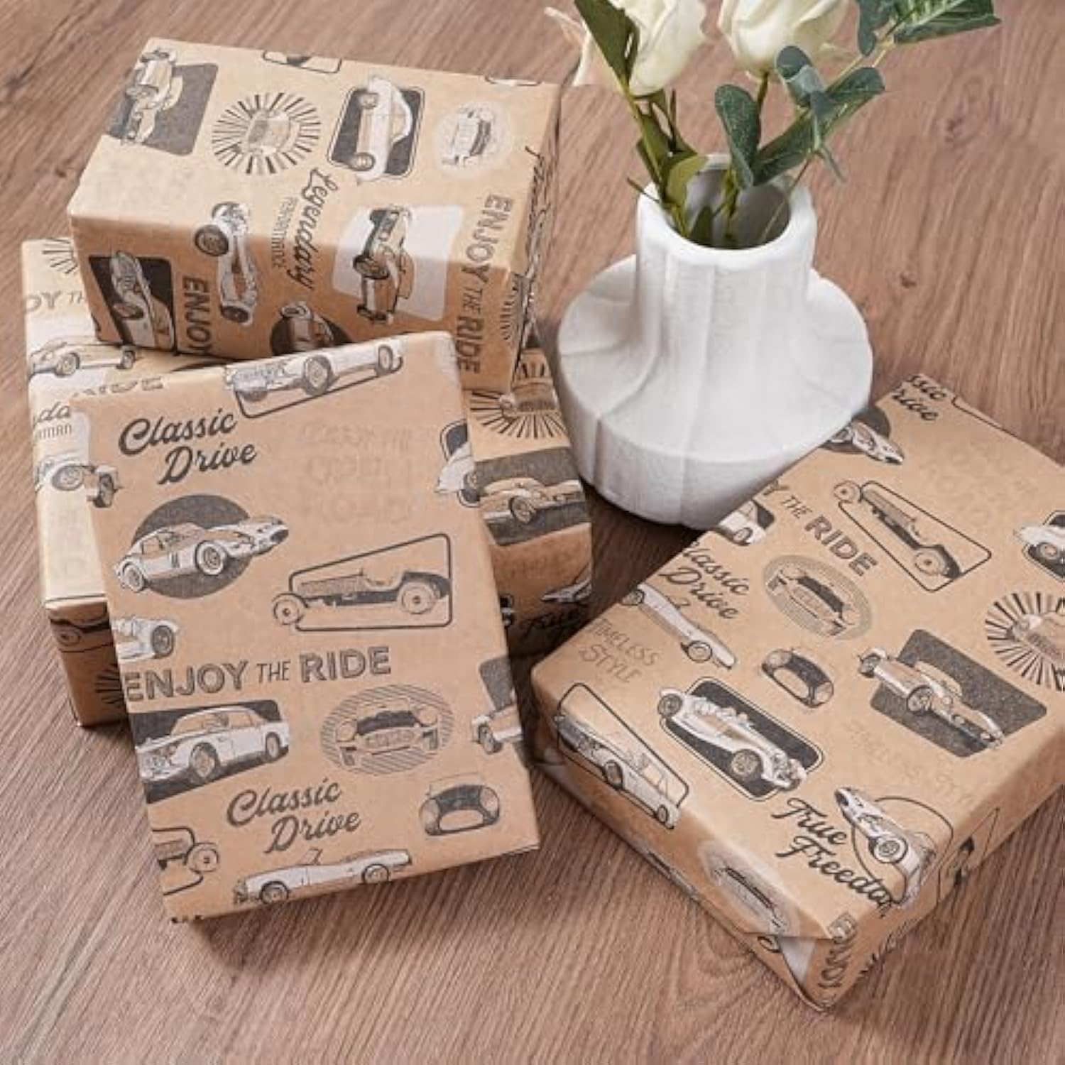 Kraft Birthday Wrapping Paper Roll - 17 Inches X 33 Feet - For Boys Girls Kids Retro Classic Racing Sports Car Pattern Great For Birthday, Party, Anniversary