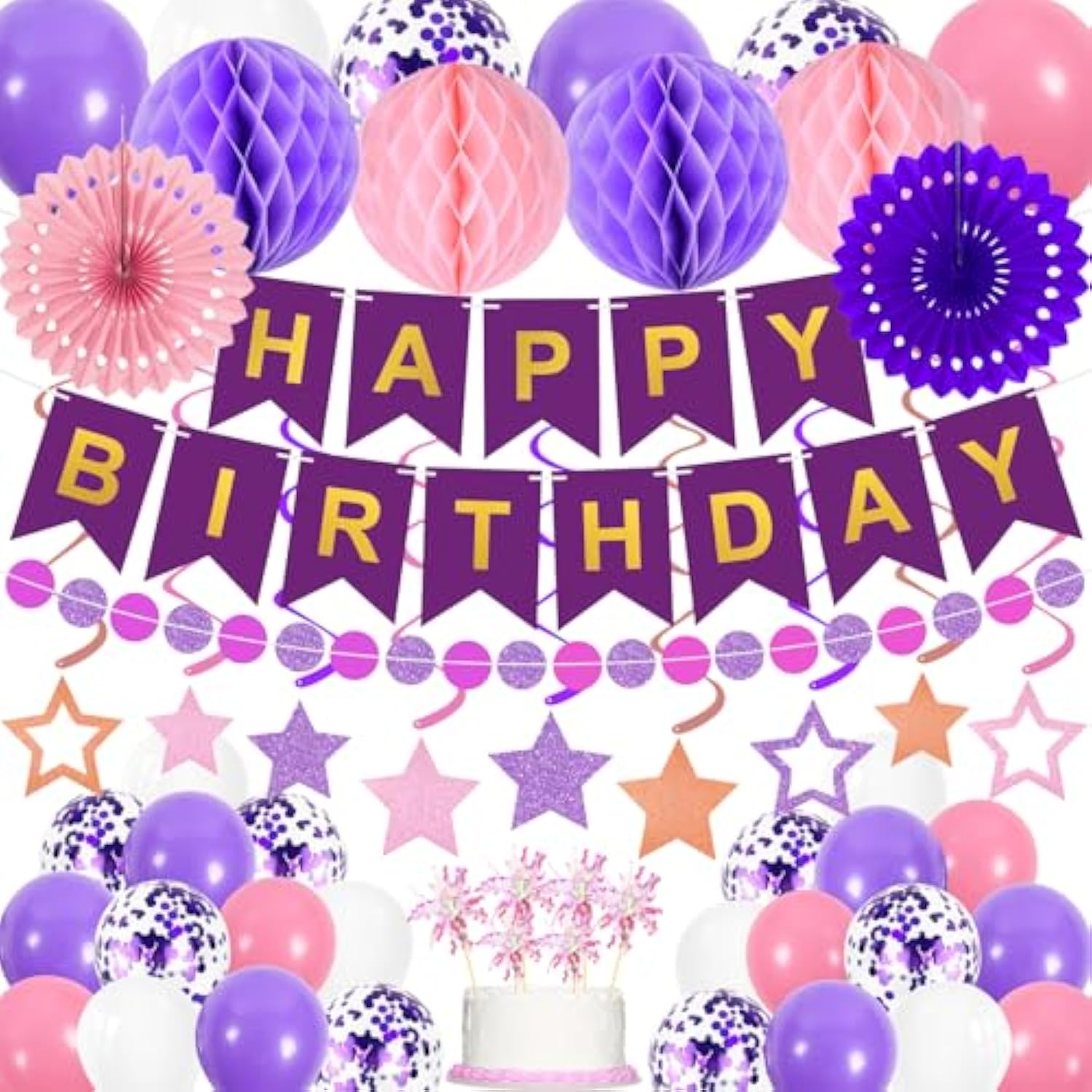 Purple Birthday Decorations Happy Birthday Banner Pink And Purple Balloons Stars Circle Garland Hanging Swirl Streamers Hanging Honeycomb Balls 69Pcs Party Decorations For Women Men