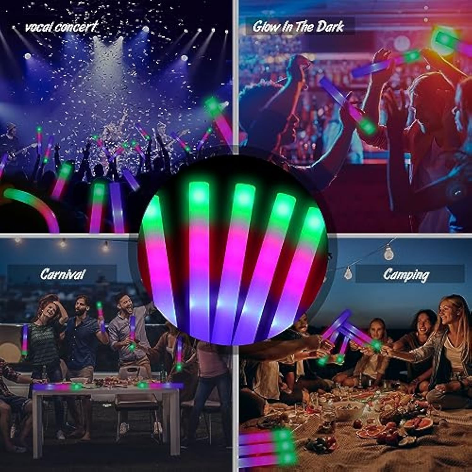 100-Pack 18.5" LED Foam Glow Sticks 3-Mode Colorful Party Supplies