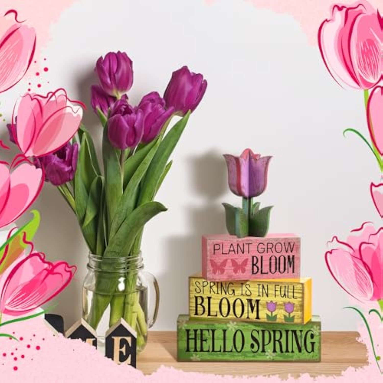4 Pcs Spring Table Decoration Tulip Flower Wooden Signs Farmhouse Spring Tiered Tray Decor Pastel Flower Table Centerpieces Easter Tabletop Decor For Home Kitchen Shelf Office