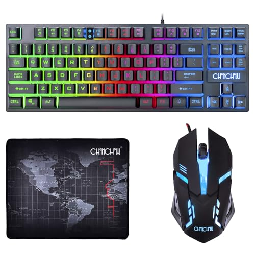87 Keys TKL Gaming Keyboard and Mouse Combo, Wired LED Rainbow Backlit Keyboard 800-3200 DPI RGB Mouse, Gaming for PS4 Xbox PC Laptop Mac