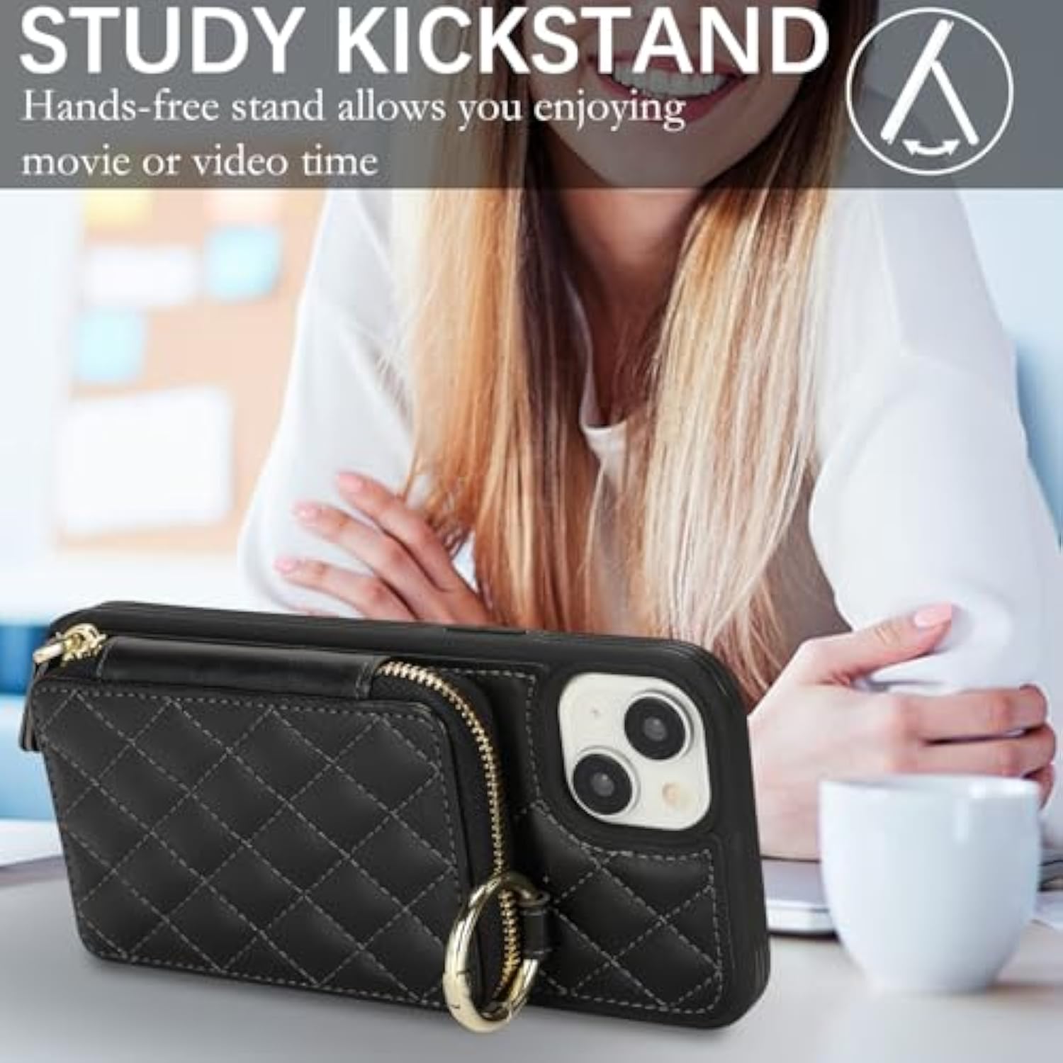 Crossbody Wallet Case For Iphone 14 Plus, Pu Leather Zipper Handbag Purse Flip Cover, Kickstand Folio Case With Card Slots Holder Wrist Strap Lanyard 5G 6.7 Inch-Black