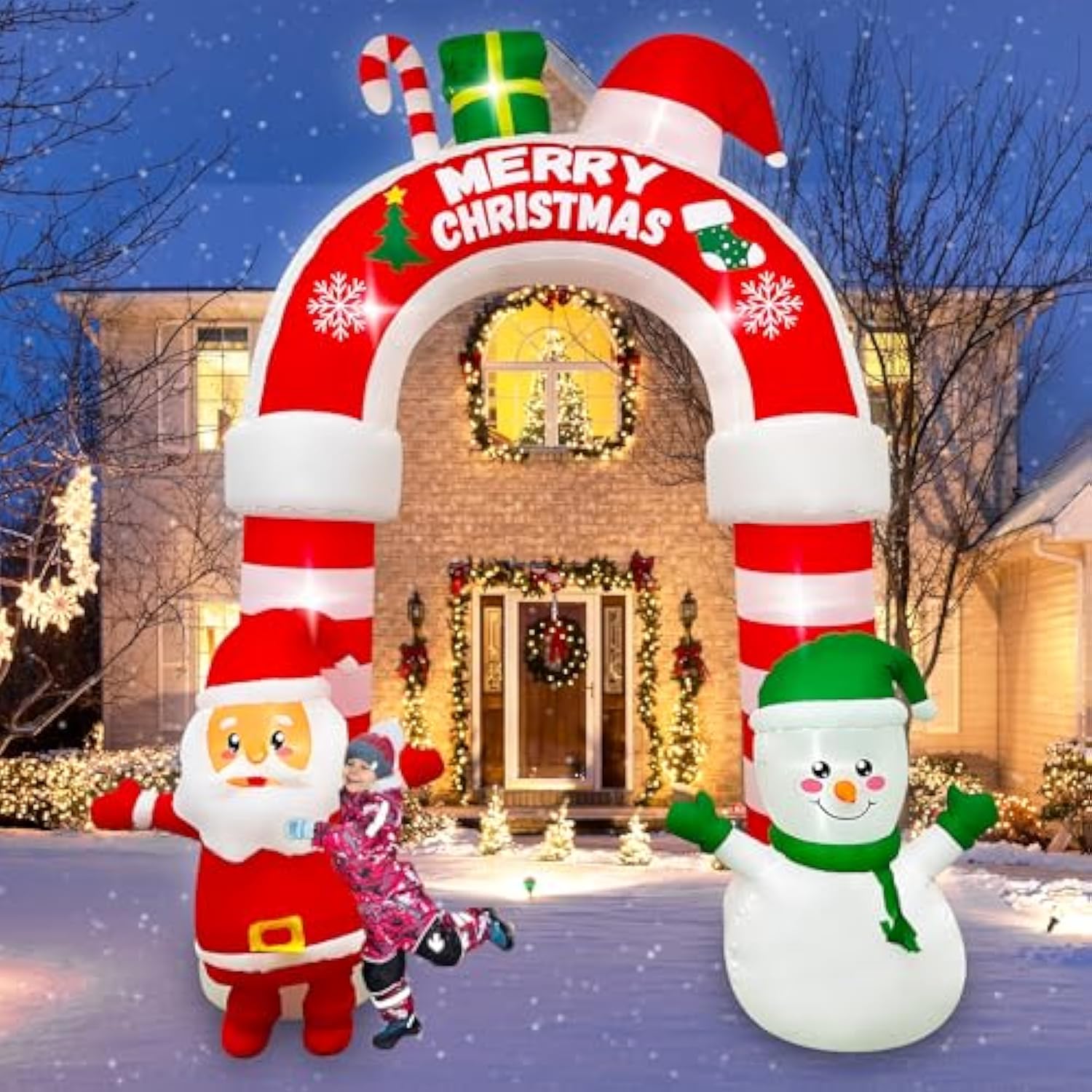 10 Ft Christmas Inflatable Santa Snowman Archway Decoration, Led Lighted Giant Xmas Arch With Candy And Gift Box Blow Up