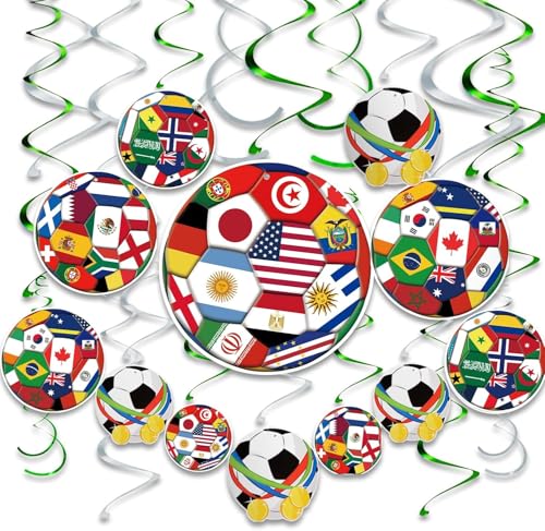 24pcs Soccer Hanging Swirls for Party Decorations, 12Pcs Soccer Flag Hanging Swirls and 12pcs Hanging Swirls for Soccer Birthday Party Home Sports Club Bar Decorations