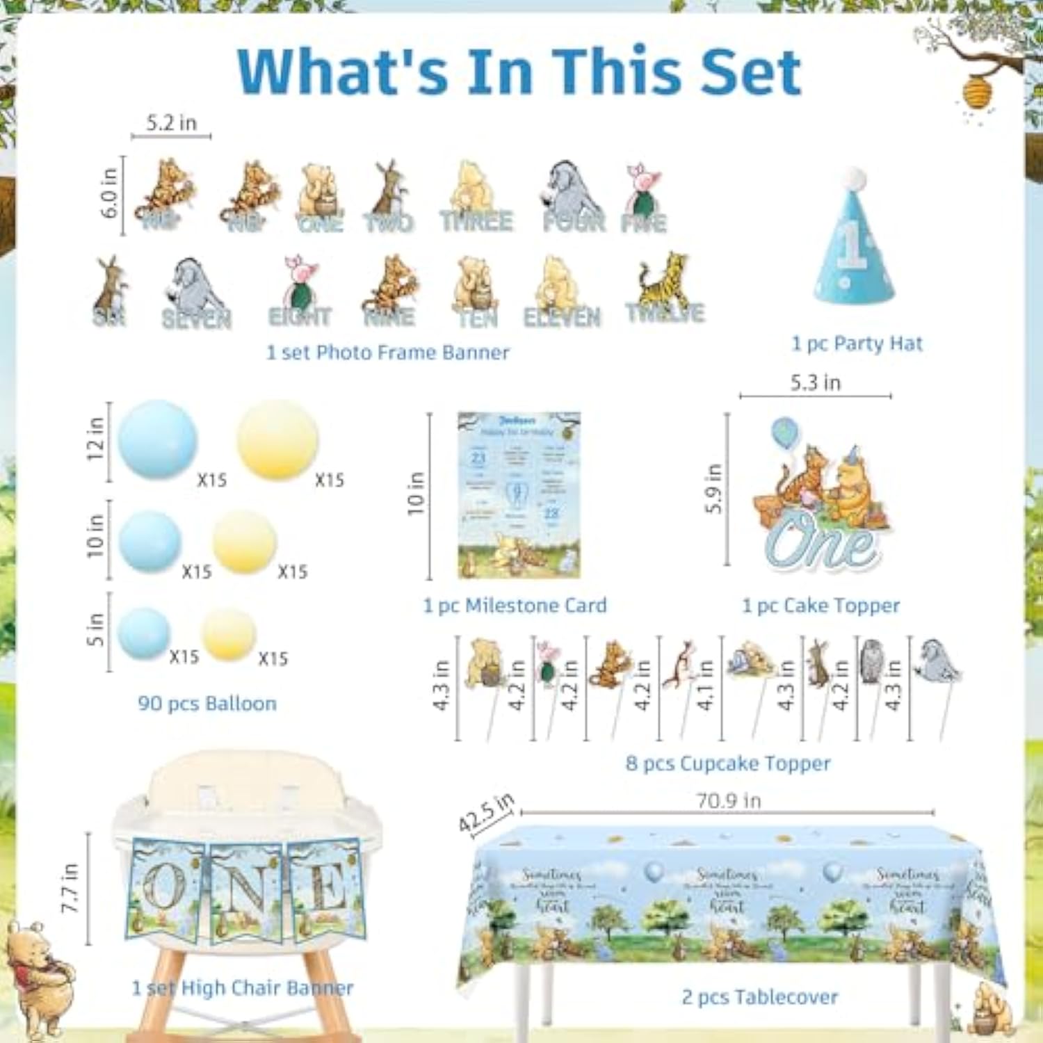 107Pcs Classic Winnie Birthday Decorations Complete Party Set, For Classic Winnie Boy 1St Birthday Party, Includes Photo Frame Banner, Balloon Chain Kit, Cake Toppers Kit, Table Cloth, Etc