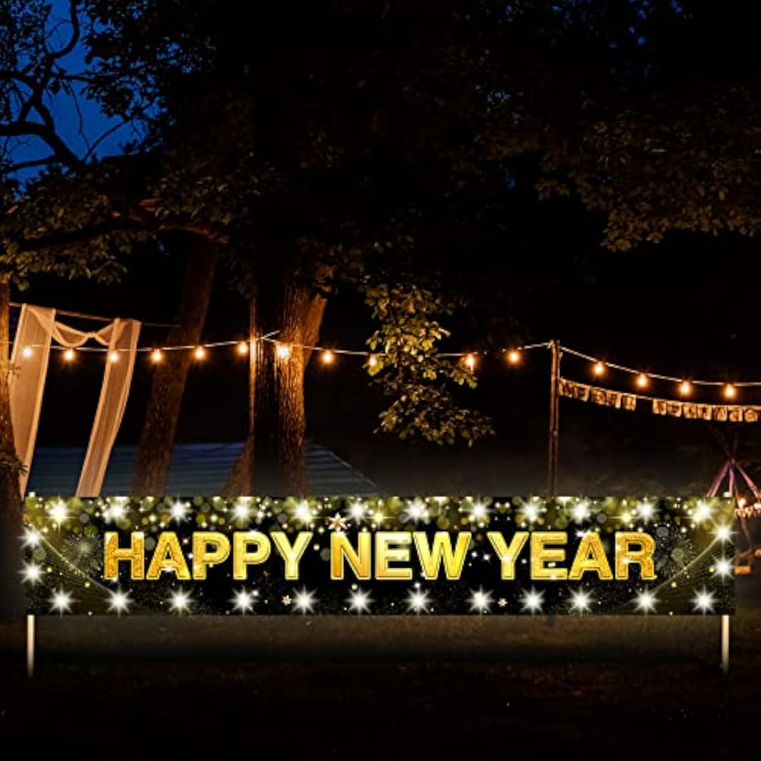 Jumbo LED "Happy New Year" Yard Sign 118" x 19.6" Black & Gold Light-Up Banner