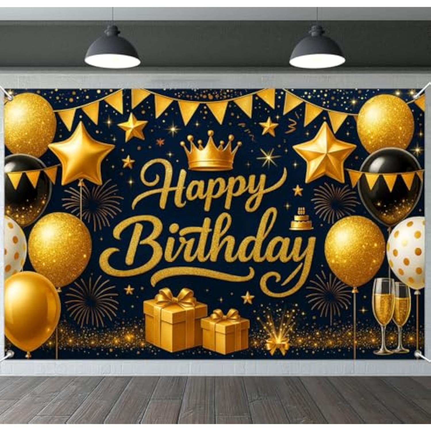 Birthday Decoration Banner 71X43 Inch Black And Gold Happy Birthday Backdrop With Balloons Stars Crowns And Gifts For Elegant Party Wall Photo Decor