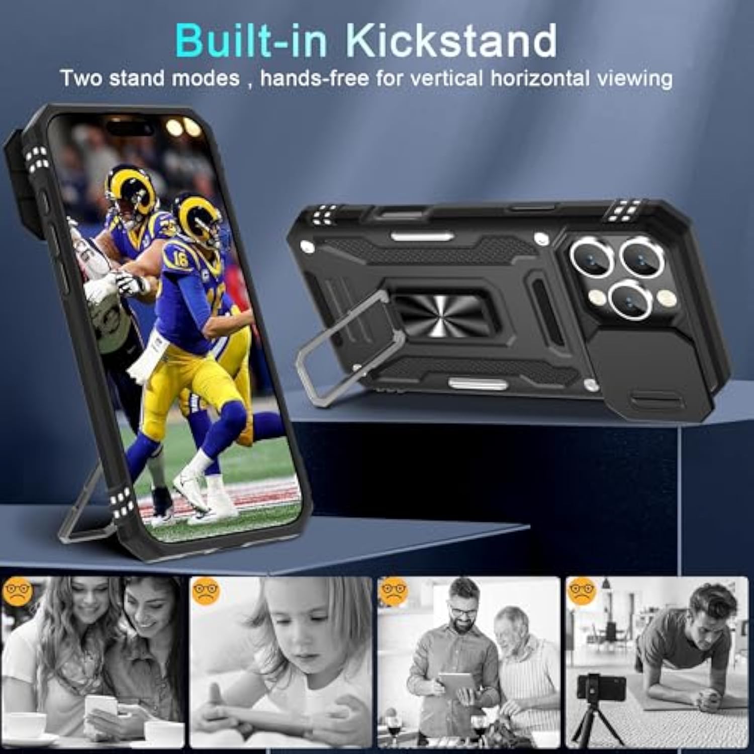 Case For Iphone 16 Pro With Slide Camera Cover+Screen Protector(2 Packs), Rotated Ring Kickstand Military Grade Shockproof Protective Cover-Black