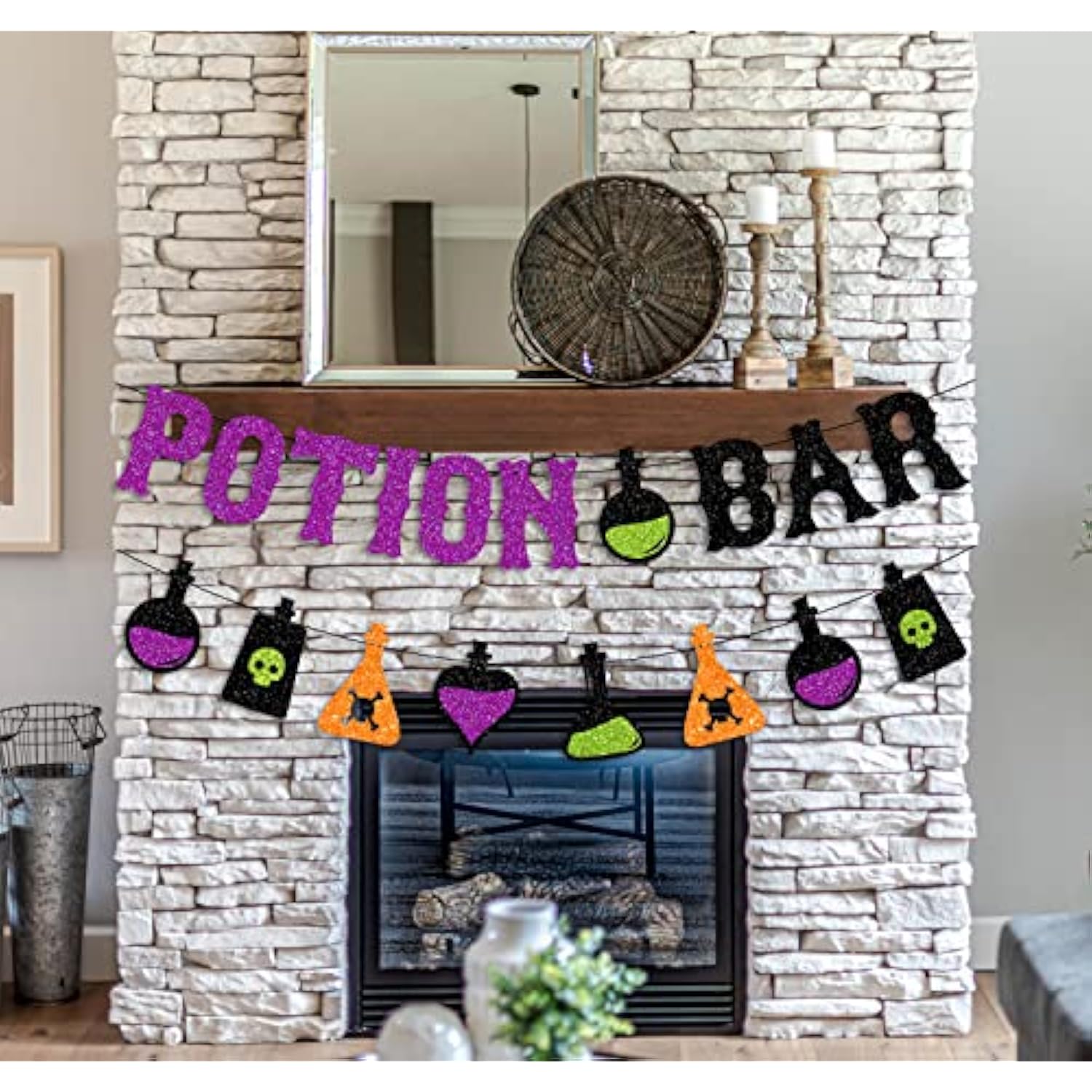 Glitter Potion Bar Banner with Signs Halloween Hocus Pocus Witches Garland for Party Decor