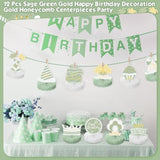 12-Piece Sage Green and Gold Birthday Honeycomb Centerpieces for Any Party