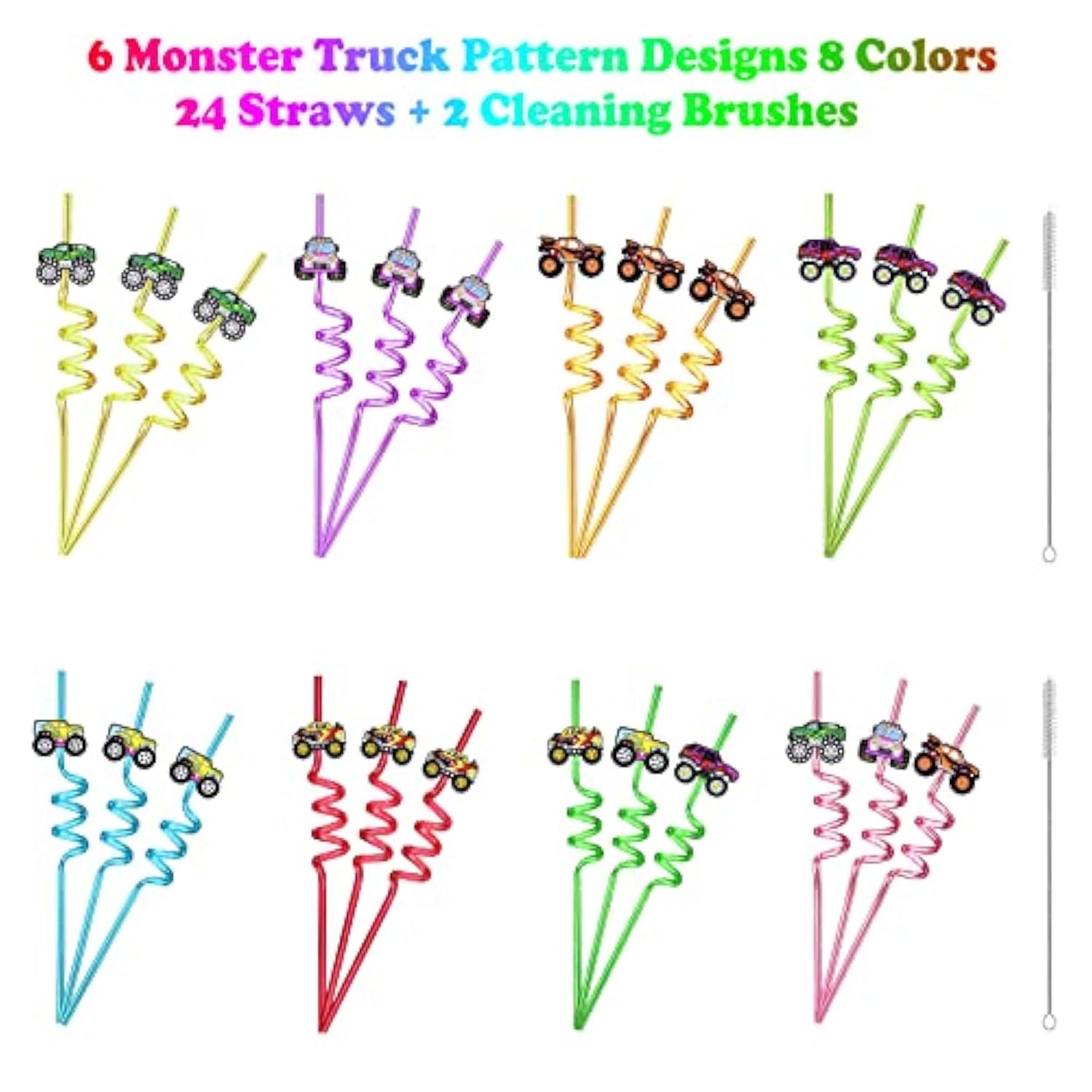 24 Monster Truck Party Car Reusable Styling Straws For Monster Truck Car Birthday Party Supplies With 2 Cleaning Brushes