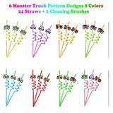 24 Monster Truck Party Car Reusable Styling Straws For Monster Truck Car Birthday Party Supplies With 2 Cleaning Brushes
