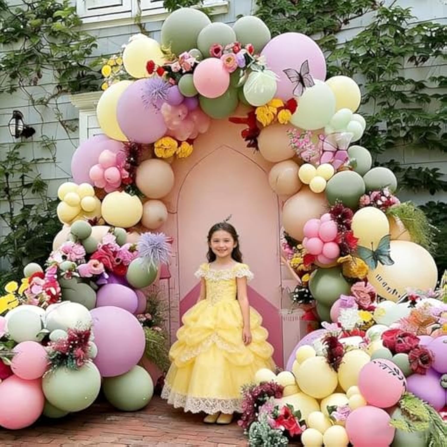 Green Pink Purple Balloon Arch Double Stuffed Pink Yellow Sand White Balloon Garland With Bionic Flower Leaf Butterfly Stickers For Spring Birthday Garden Wildflower Baby Shower Easter Party Decor
