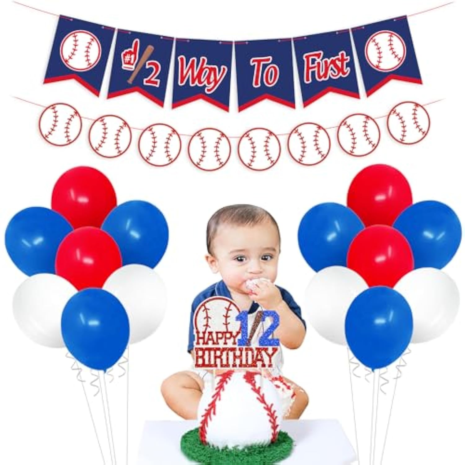 Baseball Half Birthday Party Decorations Kit Half Way To First Banner Happy 1/2 Birthday Cake Topper Balloons For Sports Theme 6 Months Baby Milestone Photo Props Baby Shower Supplies