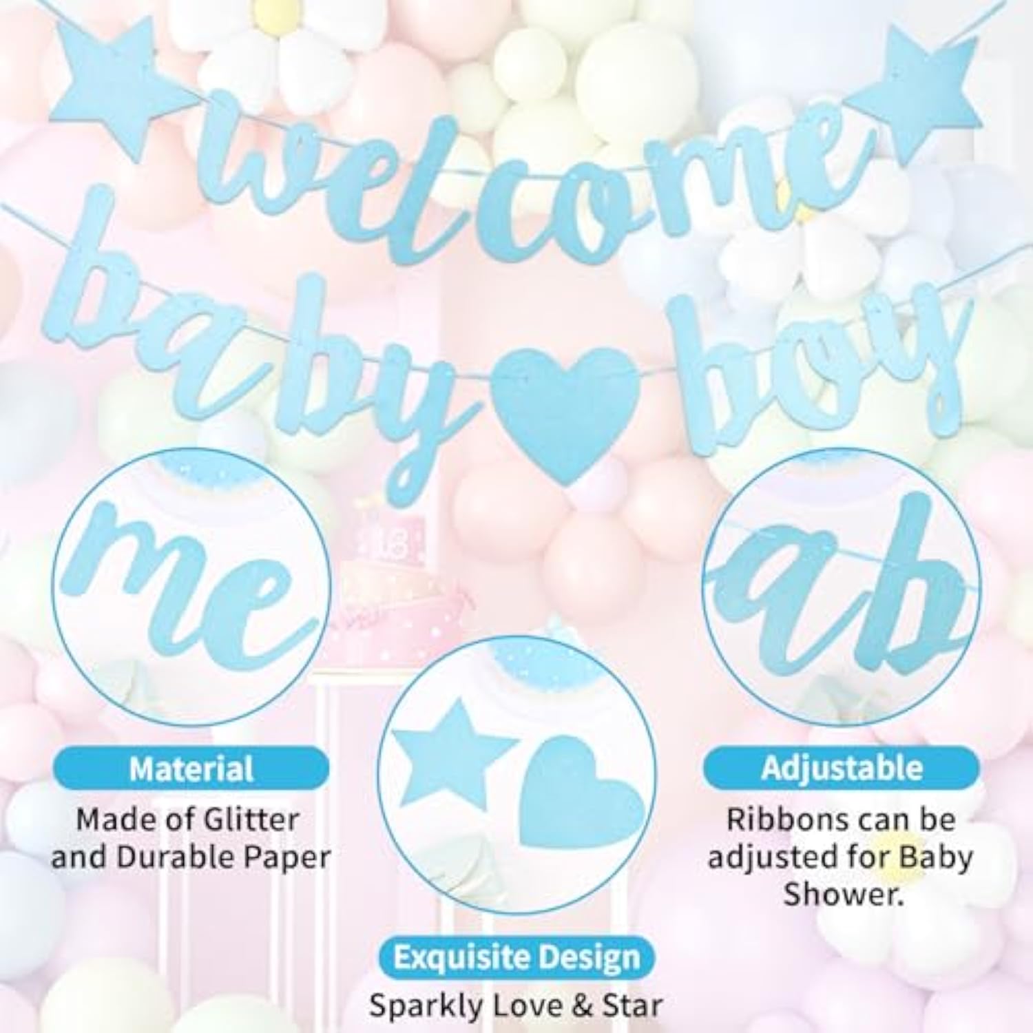 Blue Welcome Baby Boy Banner — Gold Glitter Baby Shower & Gender Reveal Decor