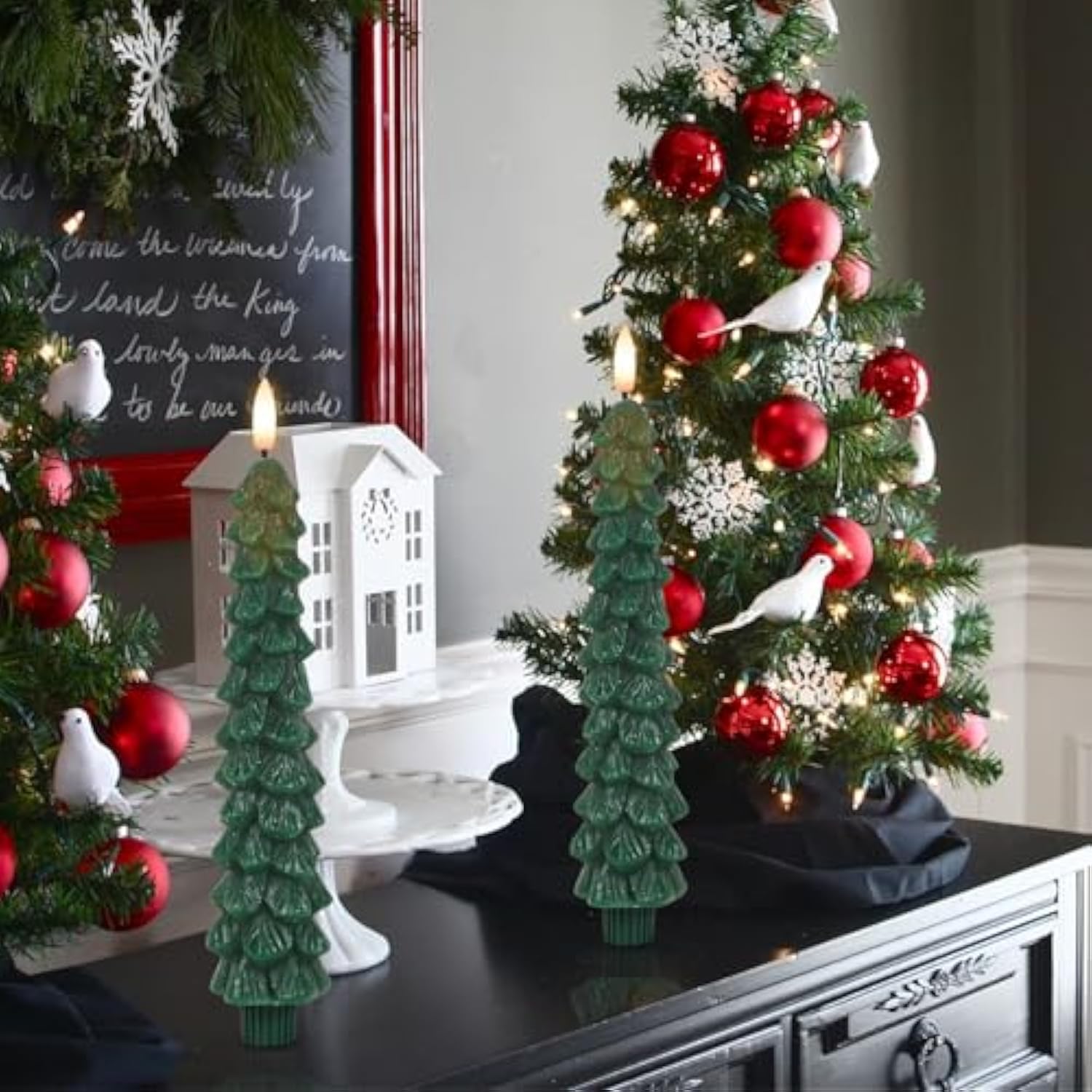 Christmas Tree Candles Battery Operated With Remote Timer, 4 Pcs Christmas Tree Flameless Taper Candles With 3D Flickering Flame, Green Led Tree Candlesticks For Christmas Home Winter Decor