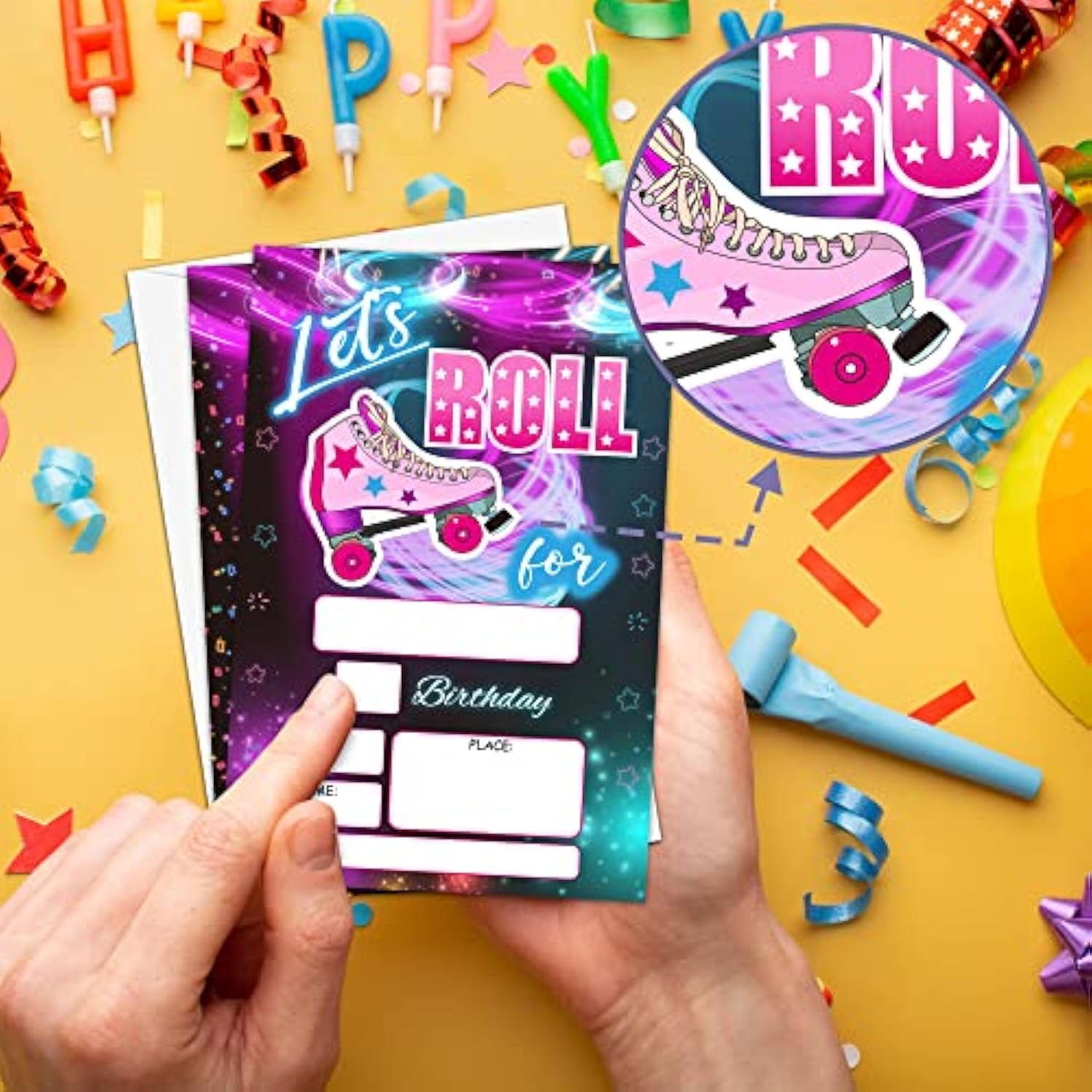 Roller Skate Birthday Party Invitation, Let'S Roll Neon Fill-In Invites For Teens Boys & Girls, 20 Invitations With Envelopes(4" X 6")?Kids Party Favors Decorations And Supplies-14