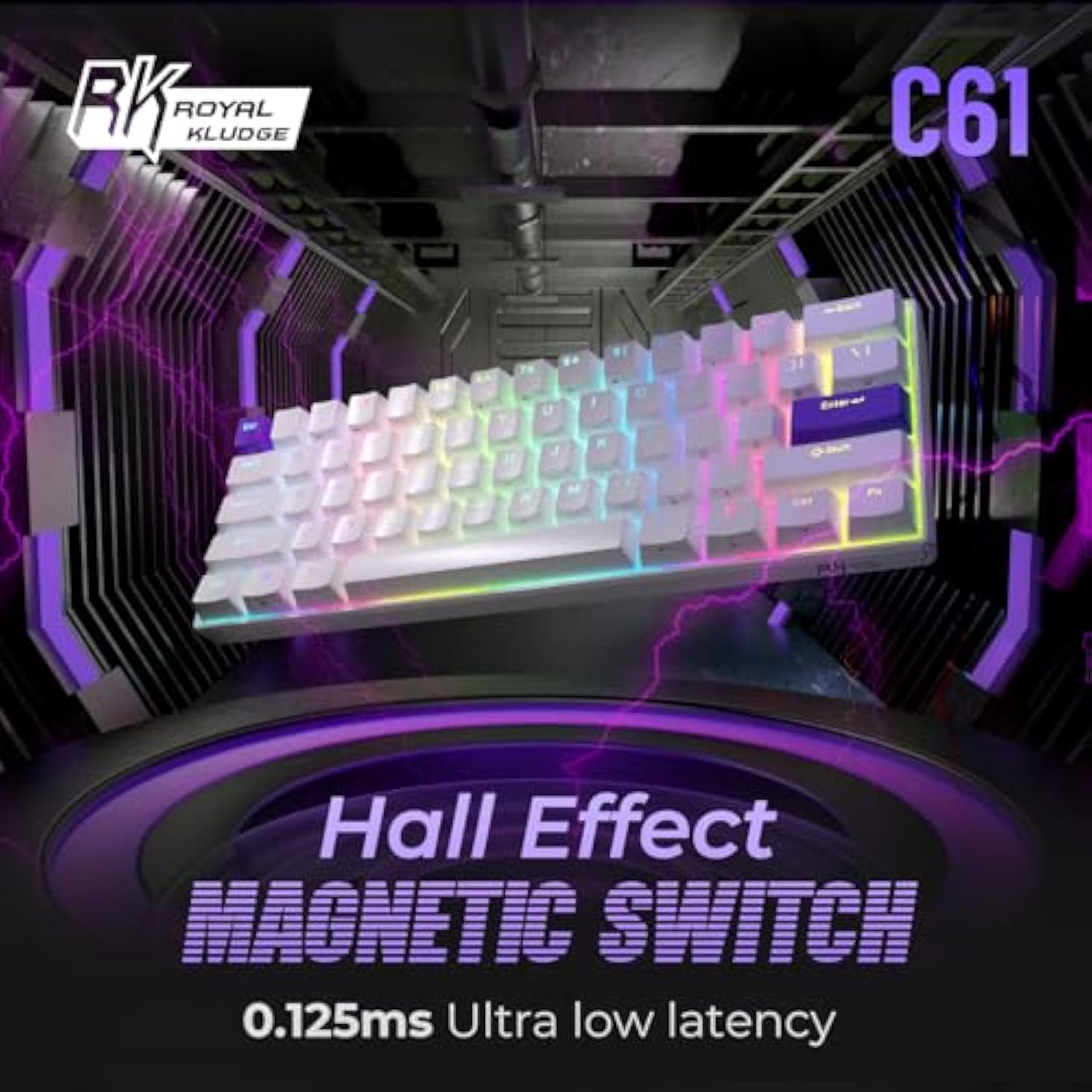 C61 Wired Gaming Keyboard 60% Mechanical Keyboard With Hall Effect Magnetic Switch 8000Hz Polling Rate Rapid Trigger Rgb Backlit, 61 Keys, White Purple