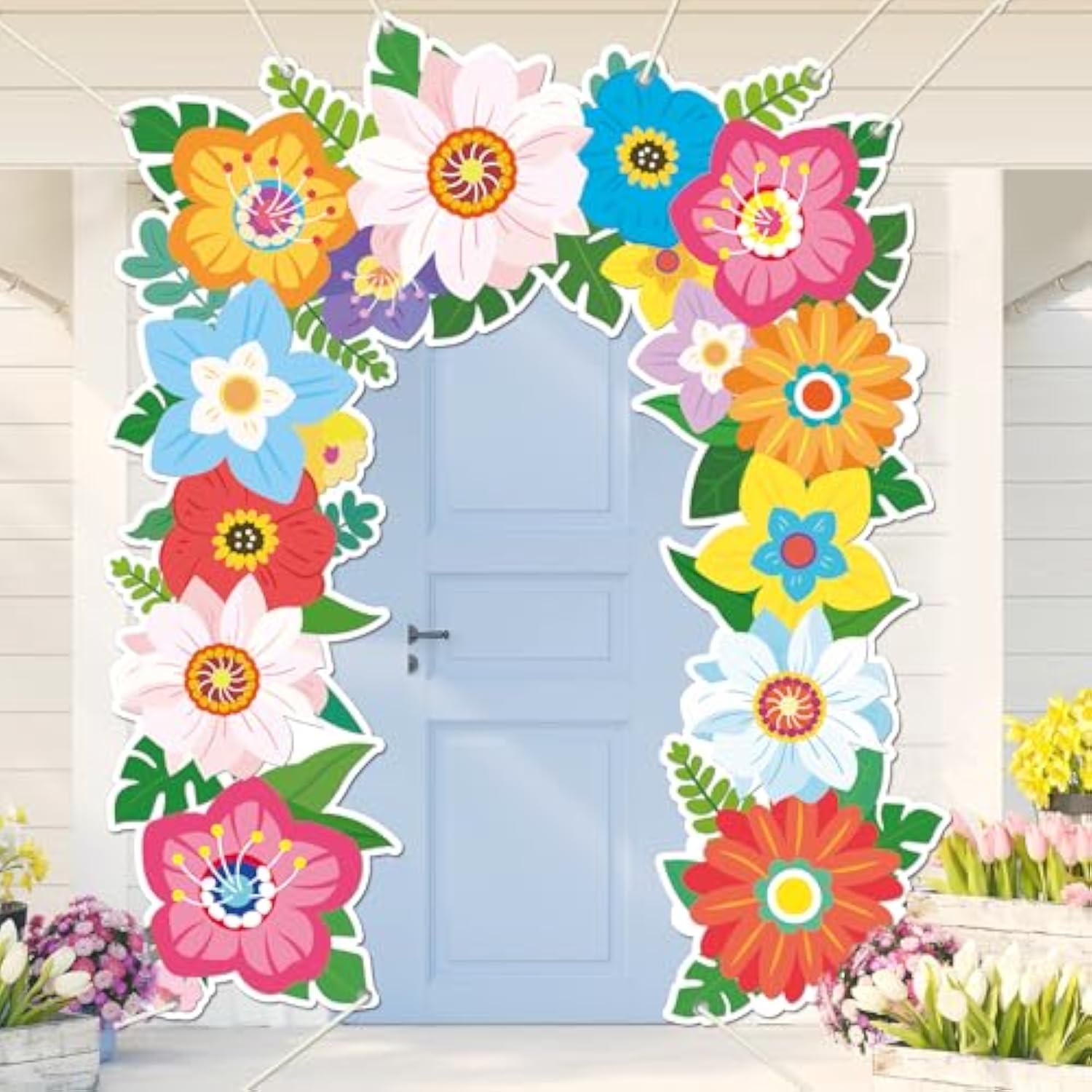 Spring Theme Flower Porch Banners Floral Birthday Party Decorations Wildflower Themed Door Cover Summer Hanging Photo Booth Props Backdrop For Tea Picnic Baby Shower Birthday Party Supplies 80X96 In
